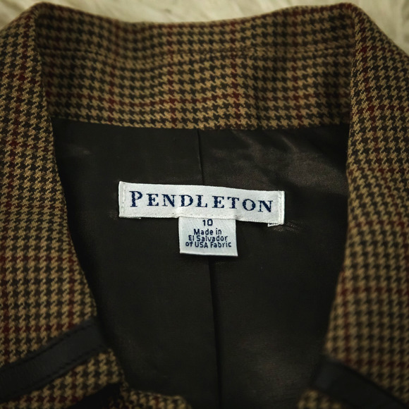 Pendleton Size 10 Tan Brown Plaid Leather Trim Button Virgin Wool Blazer Jacket - Picture 4 of 7
